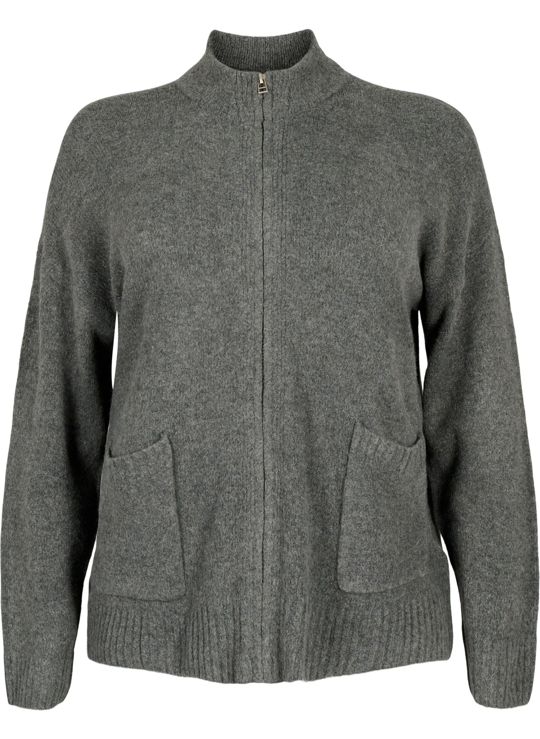 Zizzi Strikket cardigan med glidel&aring;s og lommer, Dark Grey Melange, Packshot image number 0
