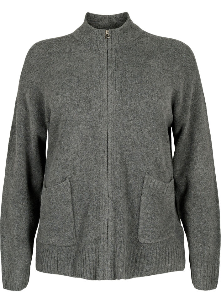 Strikket cardigan med glidelås og lommer, Dark Grey Melange, Packshot image number 0