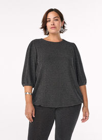 Bluse med glittermønster og 3/4-ermer, Svart Bluse med glittermønster og 3/4-ermer, Svart, Model