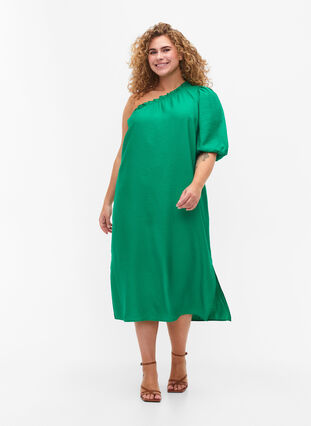 One-shoulder kjole av viskose, Deep Mint, Model image number 0