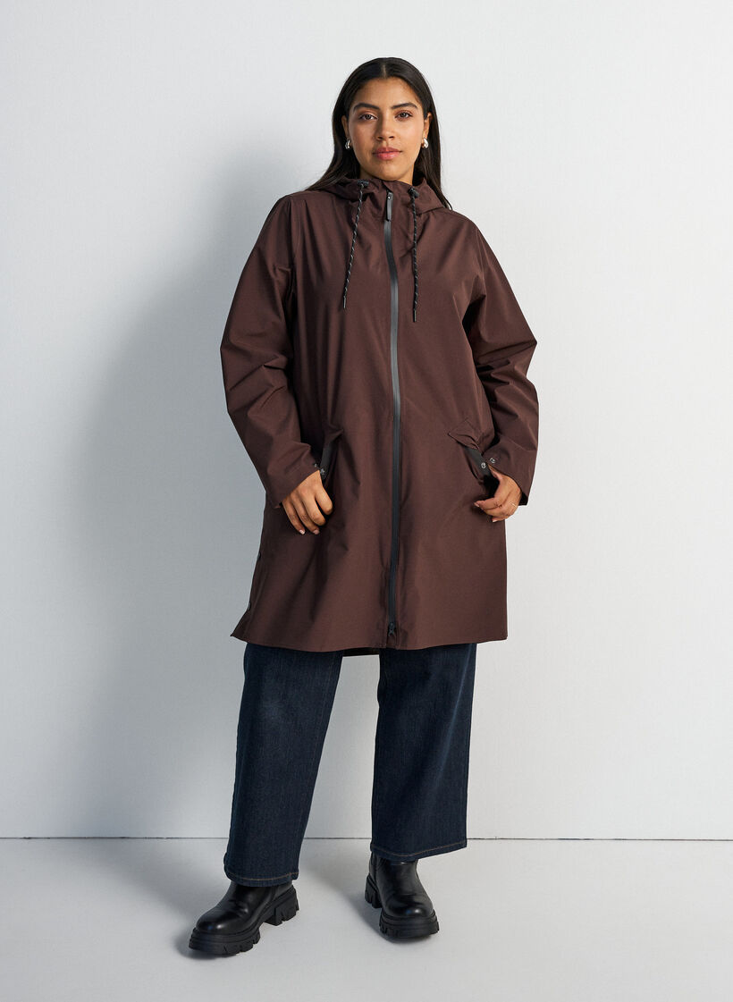 Regnjakke med lommer og hette, Brun, Model image number 1