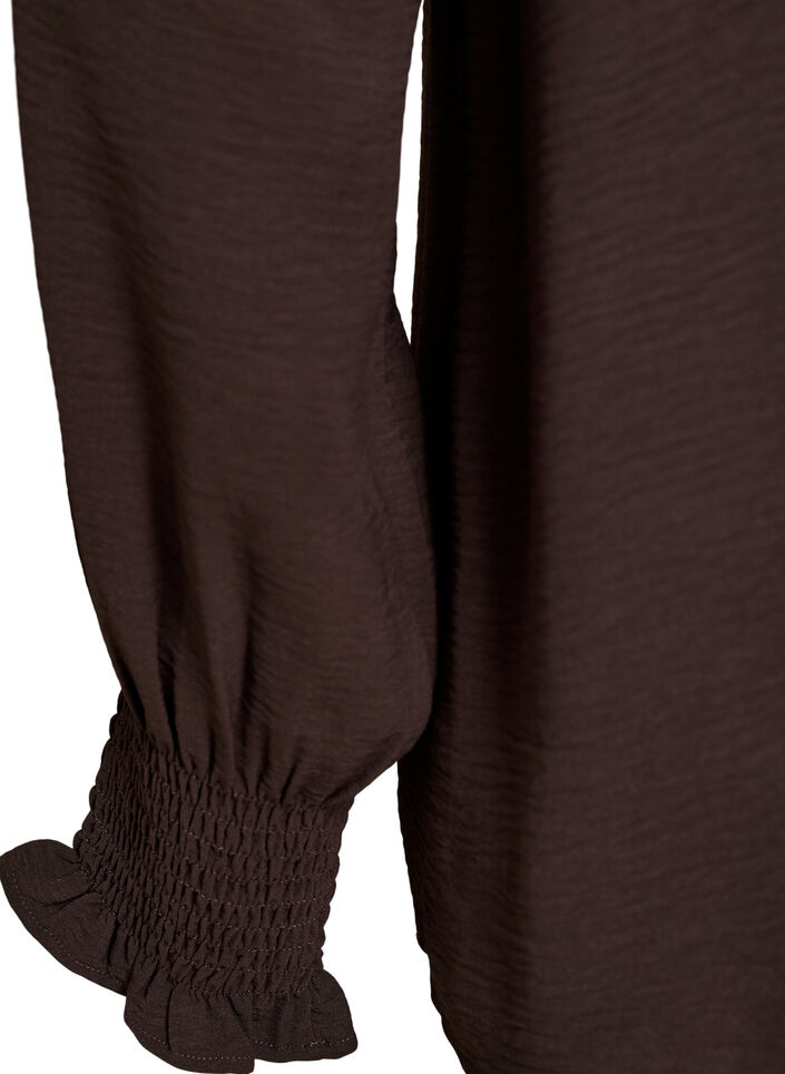 Bluse med smockmansjetter og V-hals, Brun, Packshot image number 3