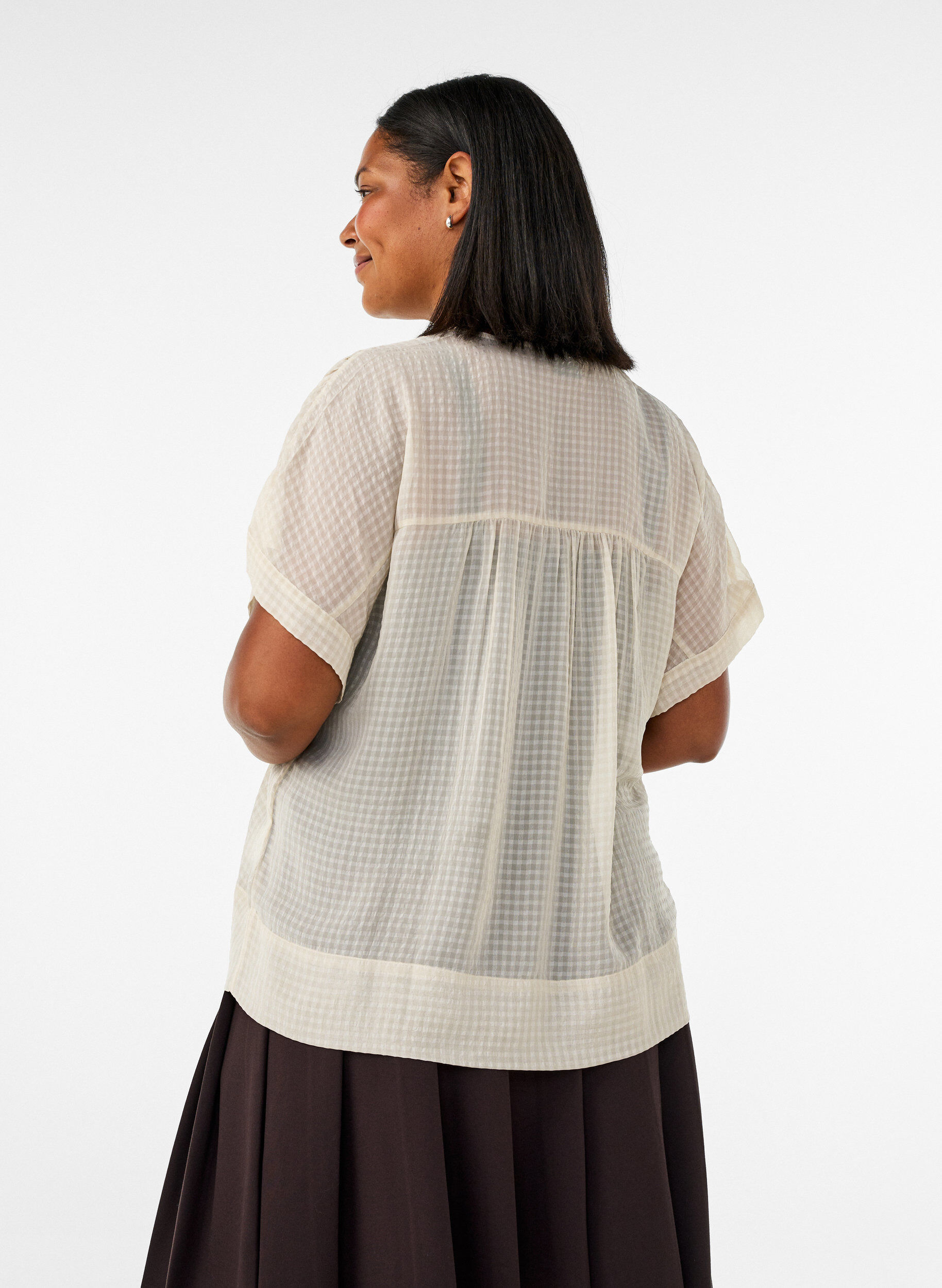 ZizziSeersucker bluse med V-hals, Beige, Model image number 2