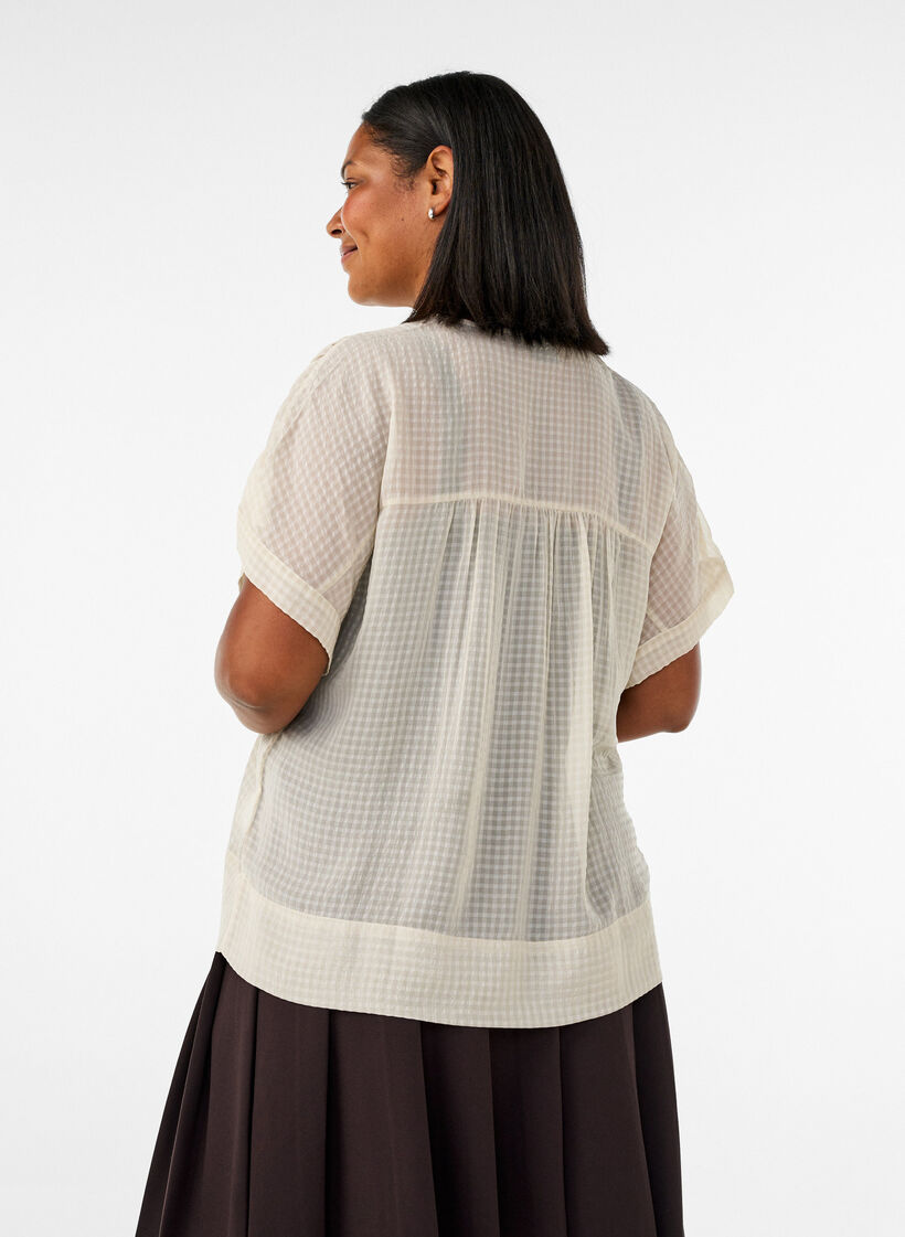 Seersucker bluse med V-hals, Beige, Model image number 2