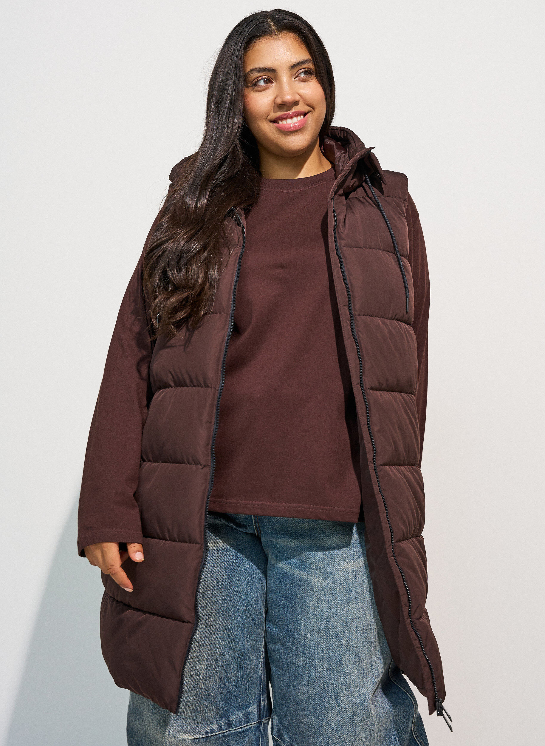 ZizziLang vest med hette og lommer, Brun, Model image number 2
