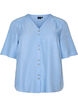Skjortebluse med V-hals og korte ermer, Bl&aring;, Packshot image number 0