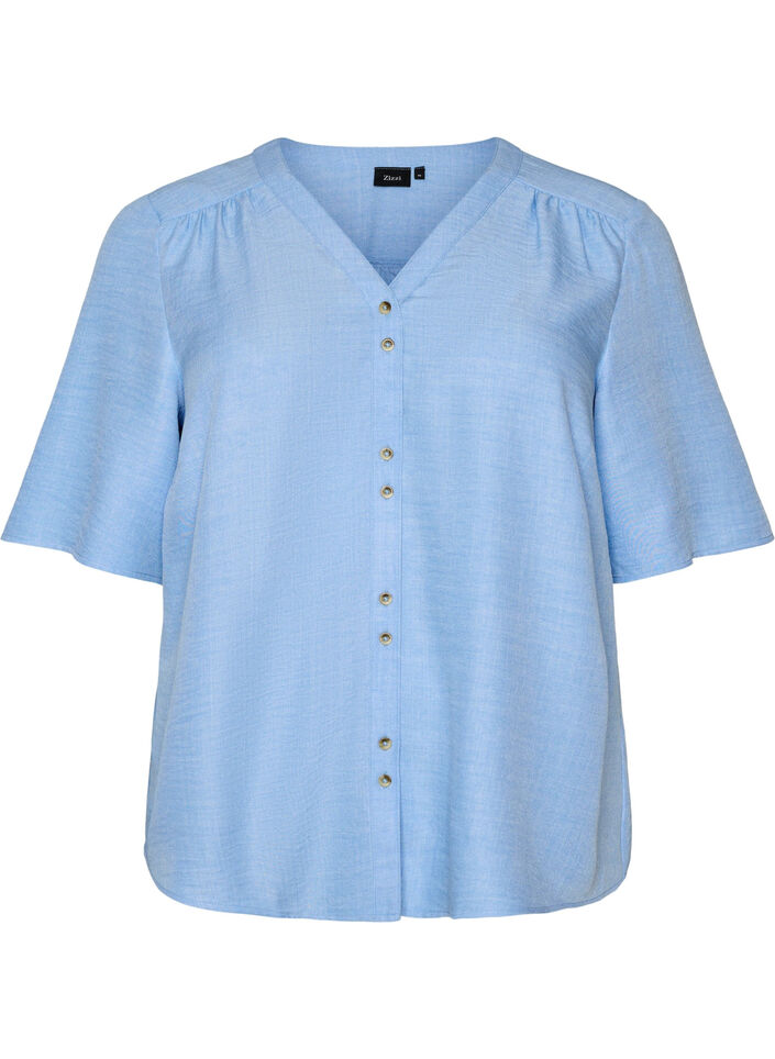 Skjortebluse med V-hals og korte ermer, Bl&aring;, Packshot image number 0