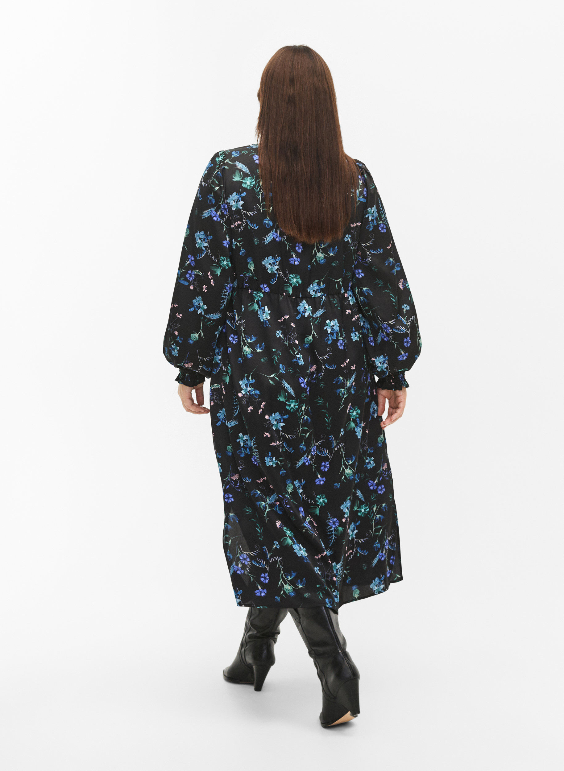 ZizziMidikjole med lange ermer og blomstertrykk, Blue Flower AOP, Model image number 1