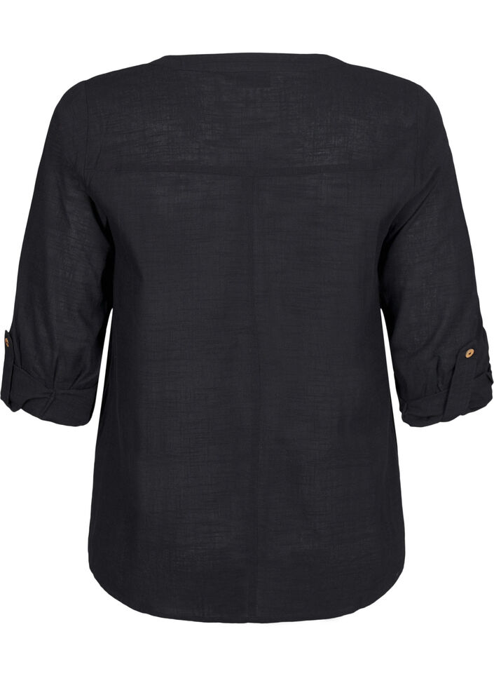 Bomullsbluse med V-hals, Svart, Packshot image number 1
