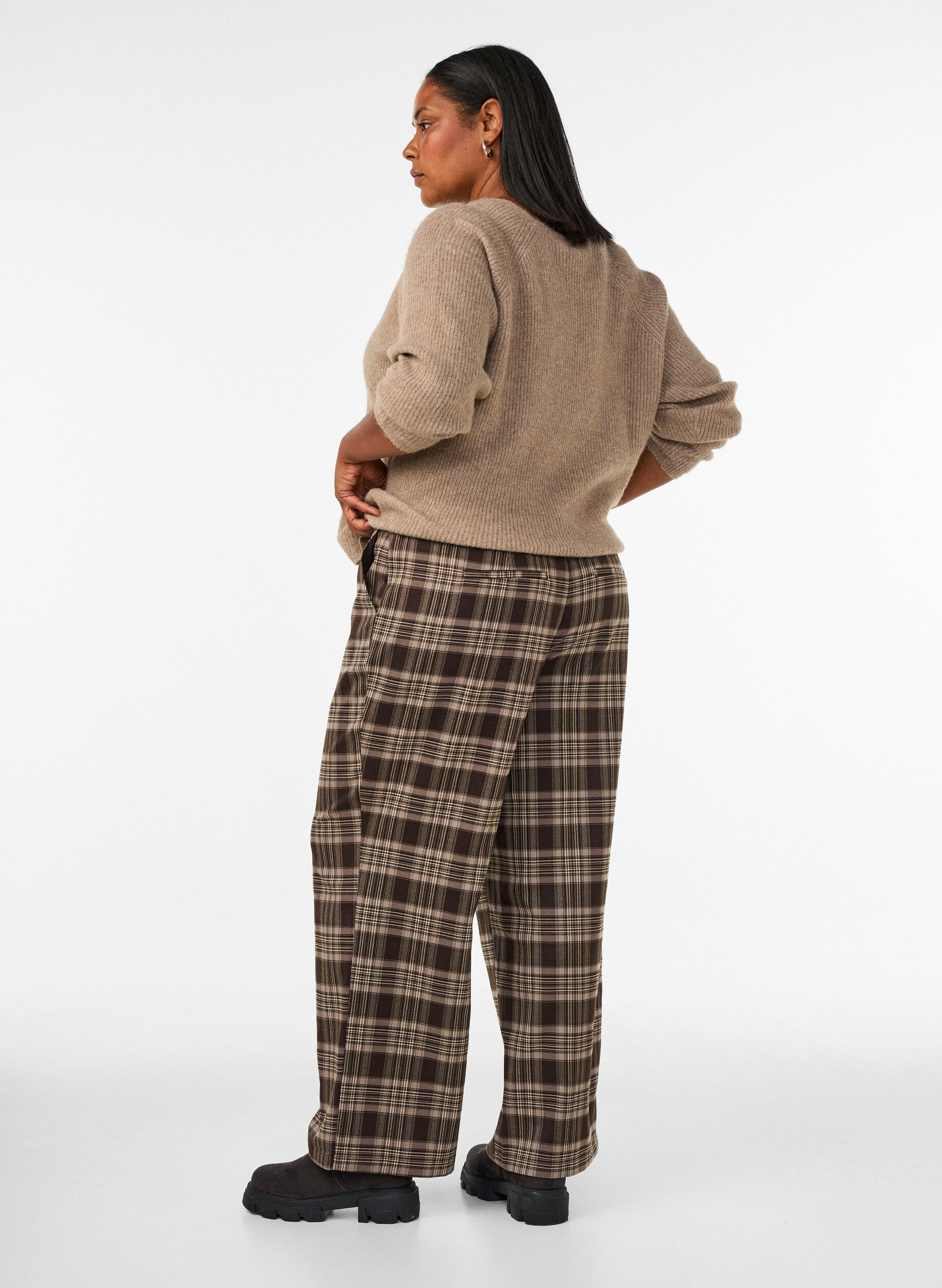ZizziRutete bukser med brede ben, Brun, Model image number 1