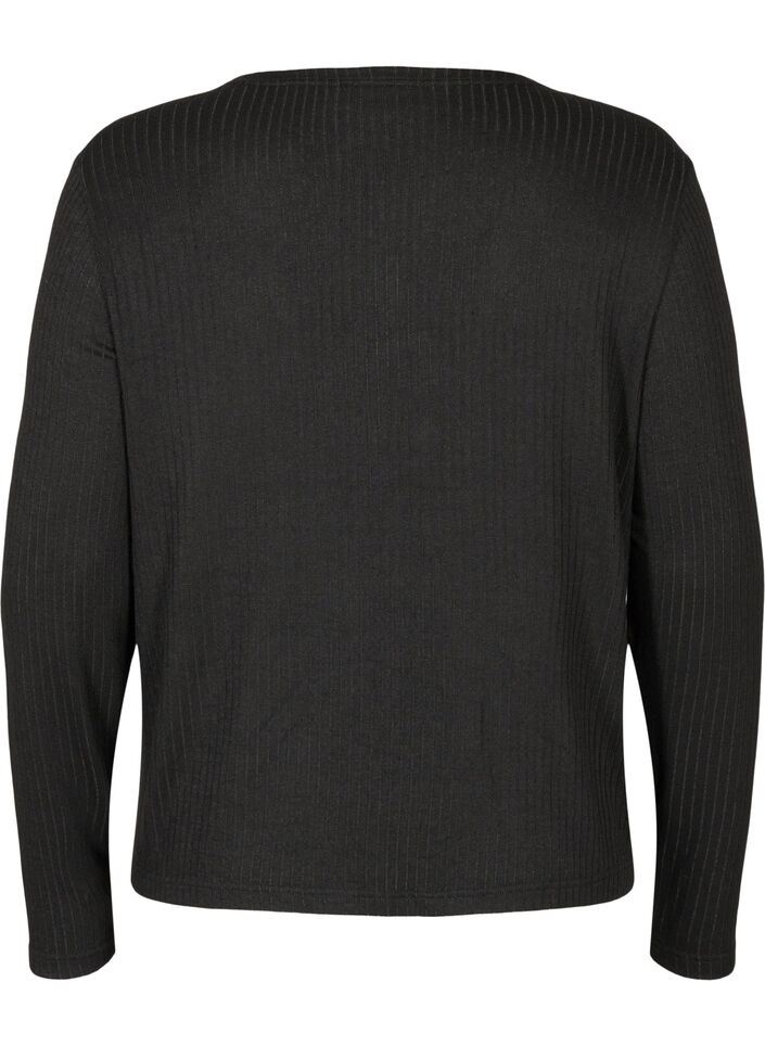 Ribbet cardigan med knyting, Black, Packshot image number 1