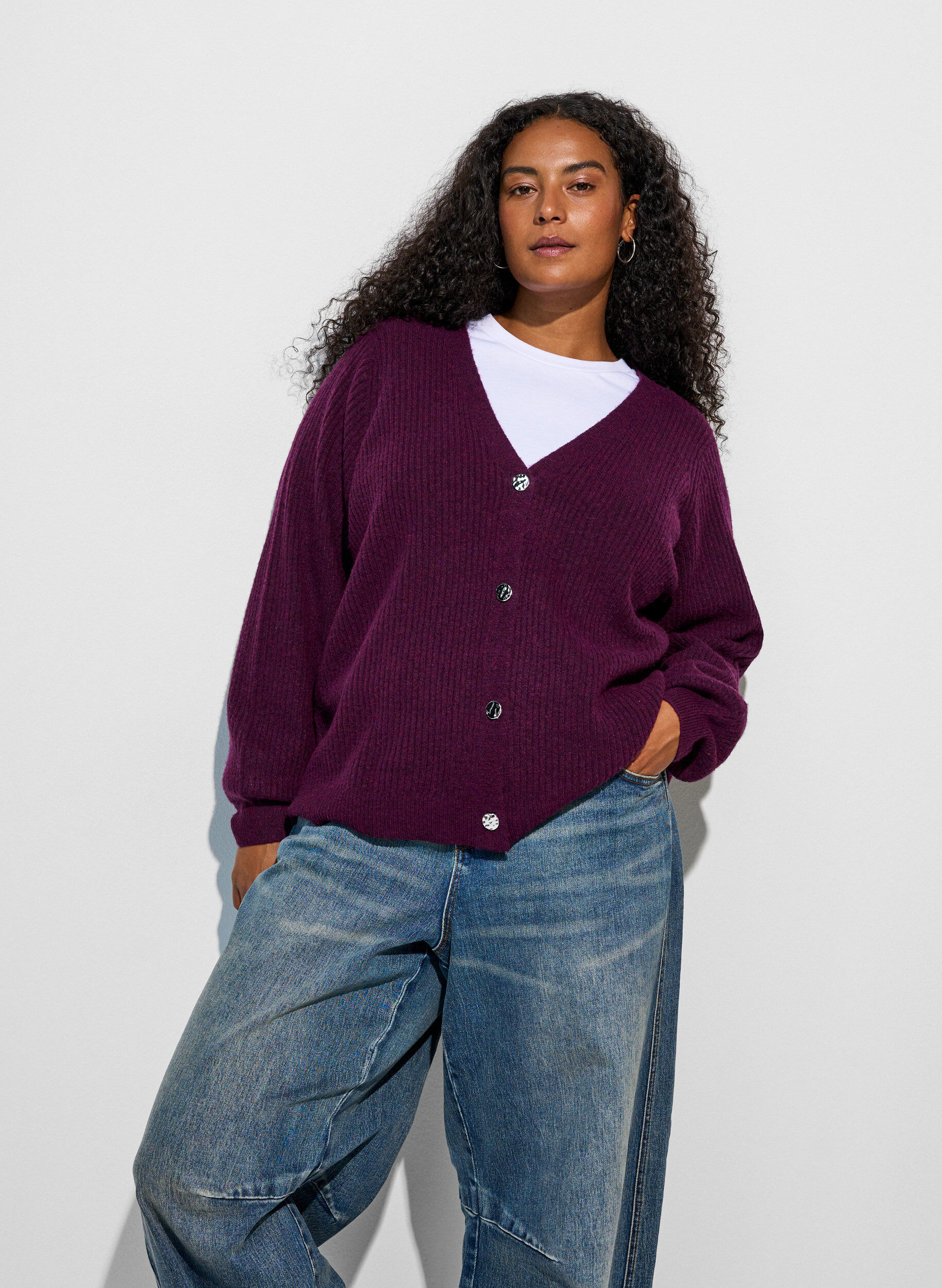 ZizziCardigan med V-hals og ribbestruktur, Lilla, Model image number 0