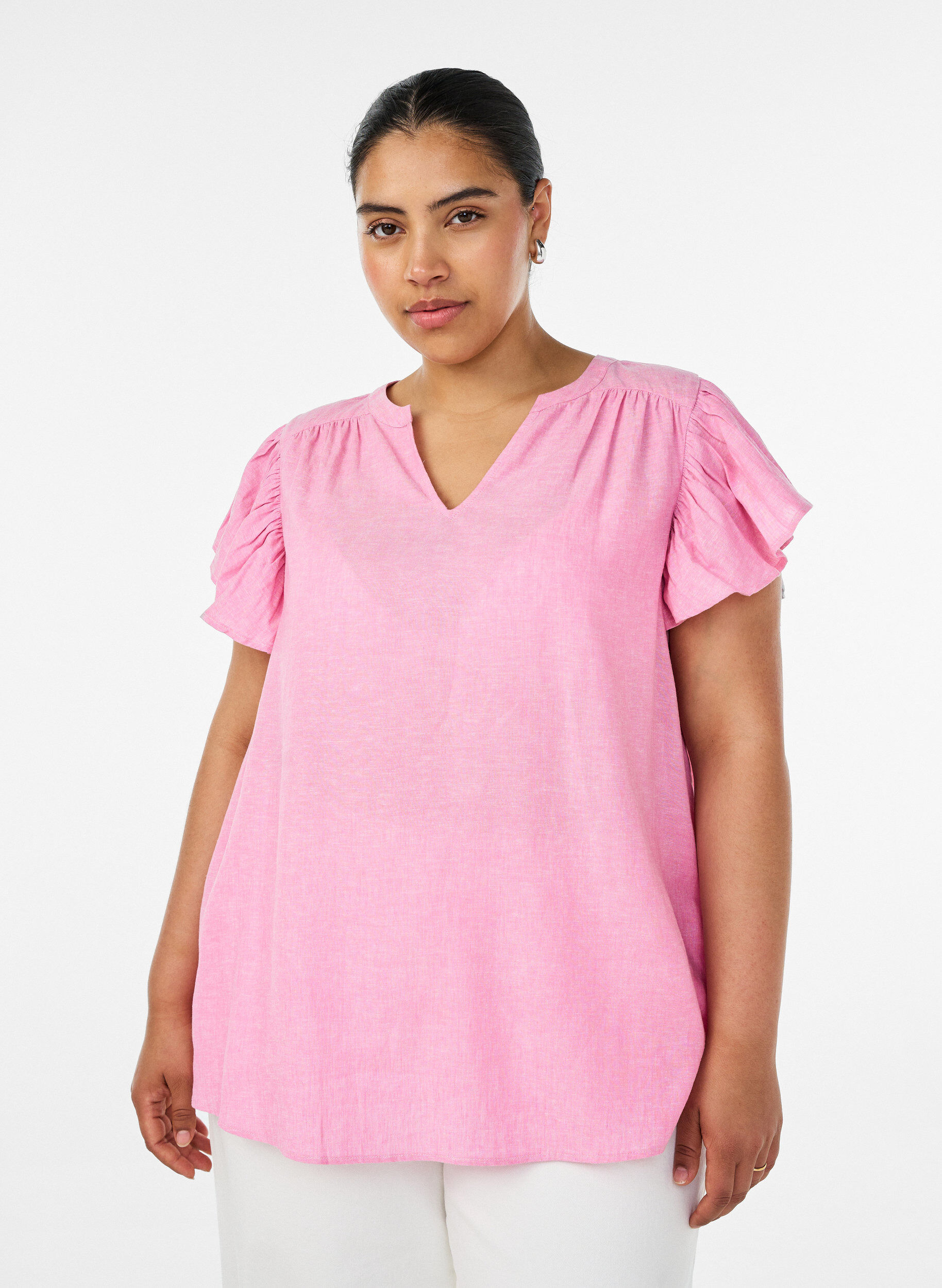 Bluse i viskose og lin med volangermer, Rosa, Model