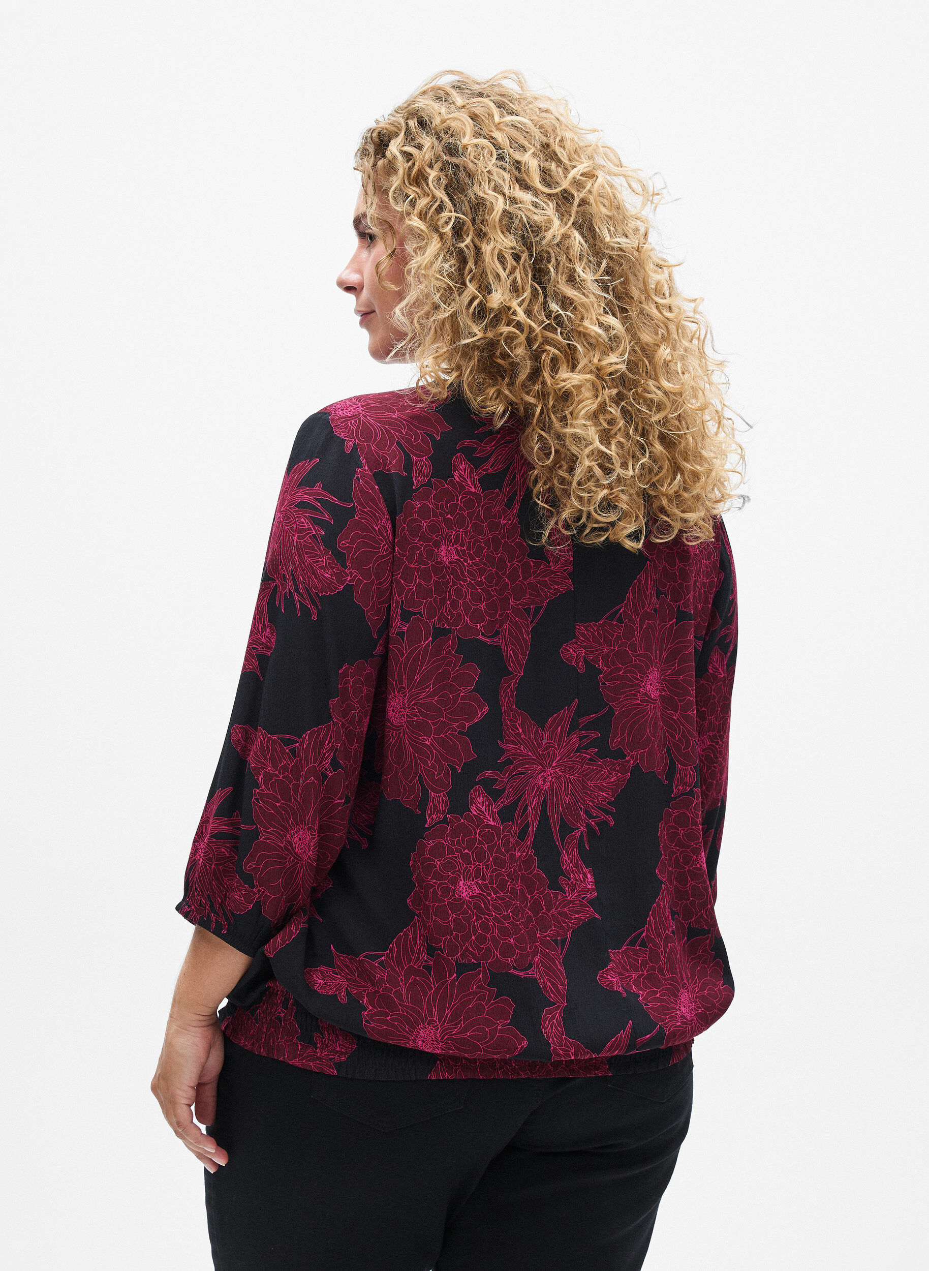 ZizziViskose bluse med blomstertrykk og smocking, M&oslash;rk Bordeaux, Model image number 2