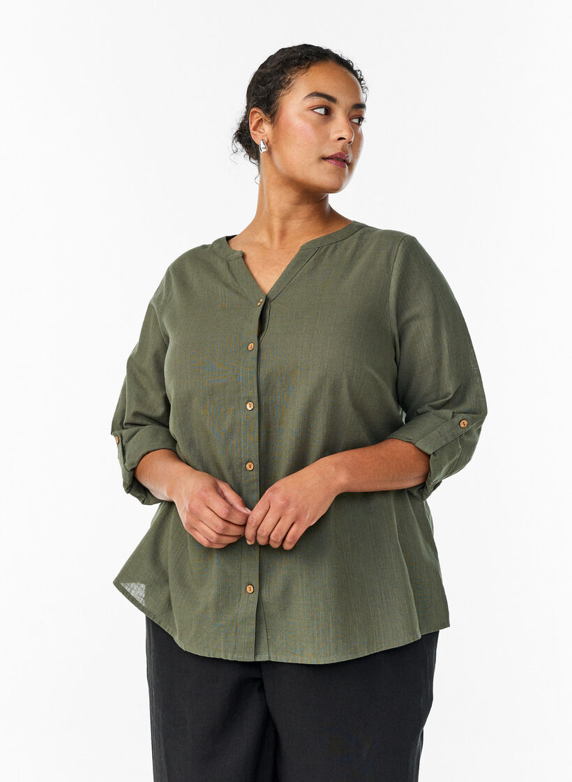 Bluse i bomull med V-hals, Gr&oslash;nn, Model image number 0
