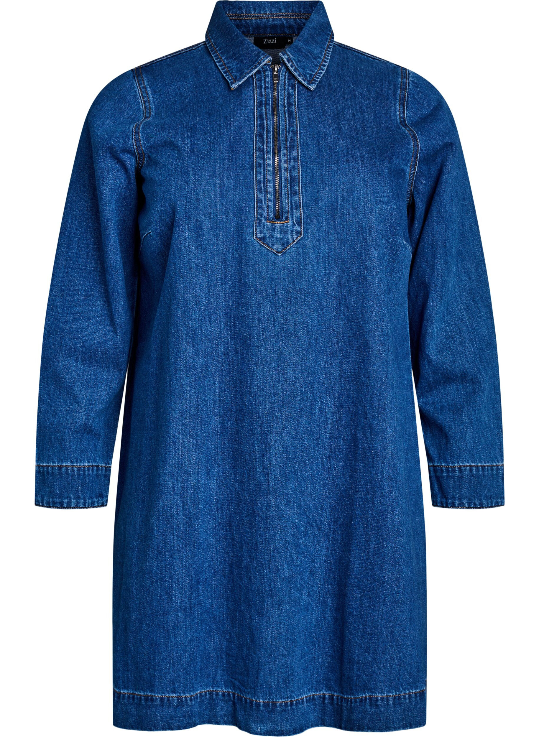 Kort denimkjole med glidel&aring;sdetalj og krage