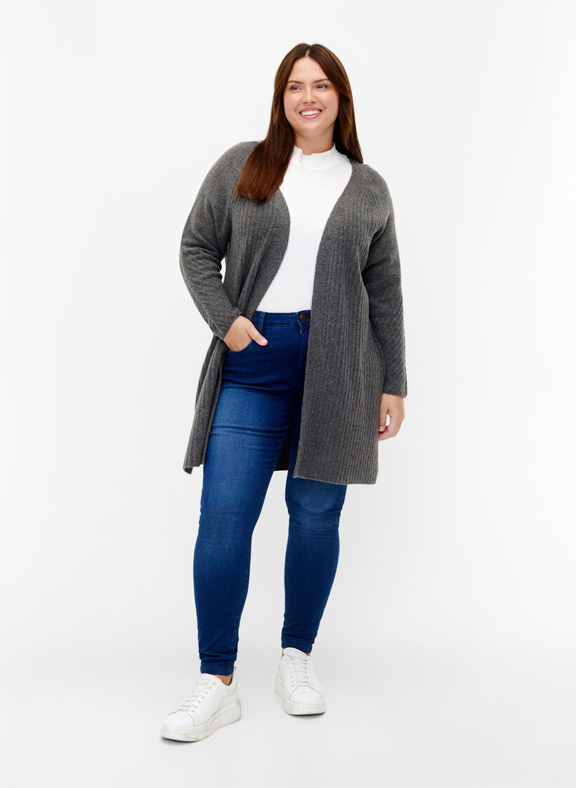 Lang cardigan i ribbestrikk, Dark Grey Melange, Model image number 2