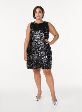 Zizzi Kort paljettkjole, Svart, Model image number 1