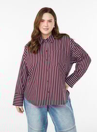 Loose fit skjorte med striper og en brystlomme, Mørk Bordeaux Loose fit skjorte med striper og en brystlomme, Mørk Bordeaux, Model