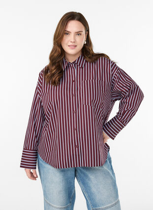 Zizzi Loose fit skjorte med striper og en brystlomme, Mørk Bordeaux, Model image number 0