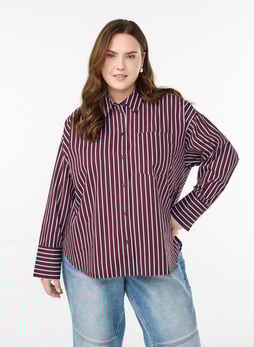 Zizzi Loose fit skjorte med striper og en brystlomme, Mørk Bordeaux, Model image number 0