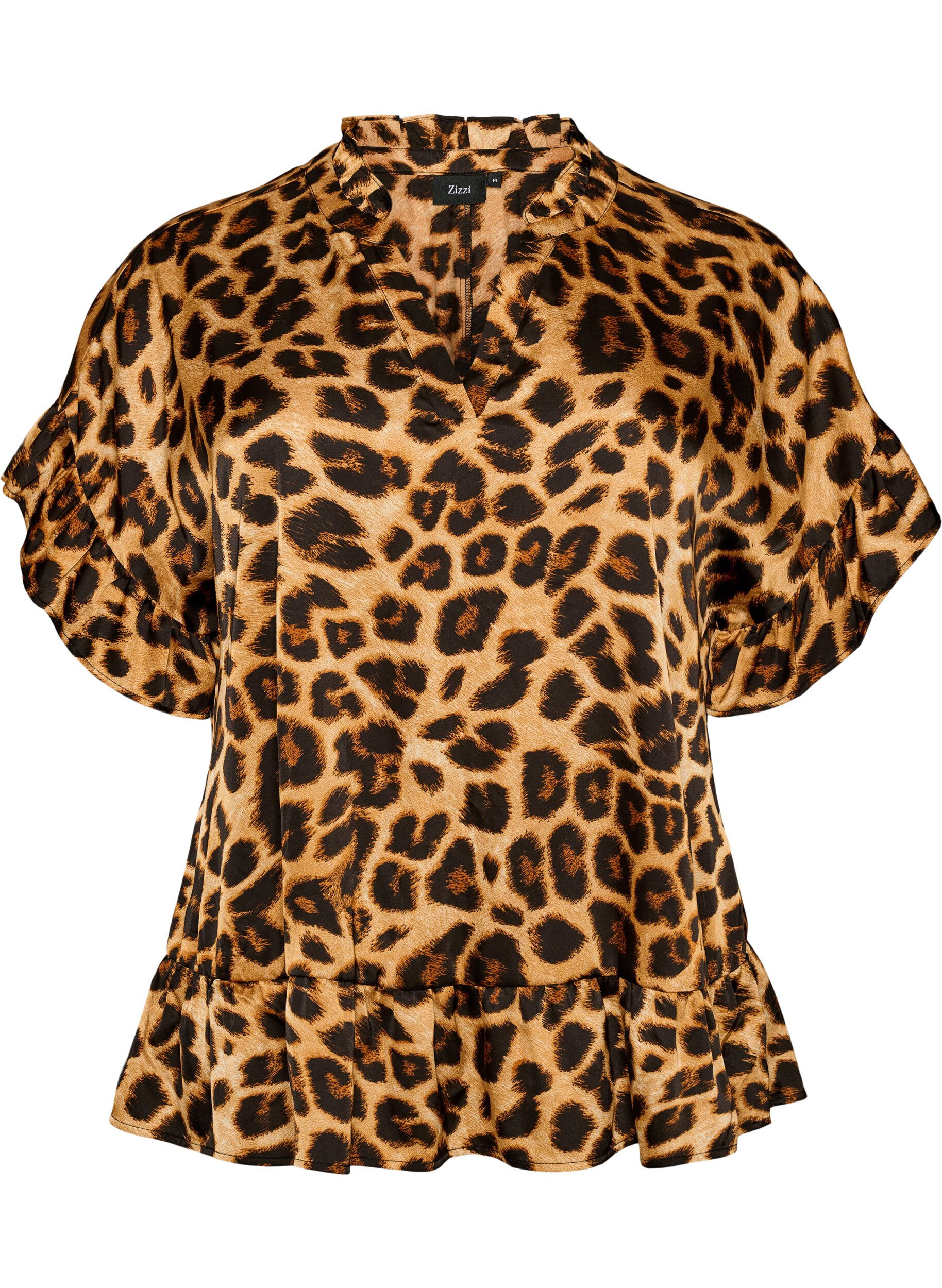 ZizziBluse med leopardtrykk og volangdetaljer, Brun, Packshot image number 0