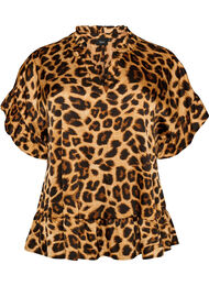 Bluse med leopardtrykk og volangdetaljer, Brun