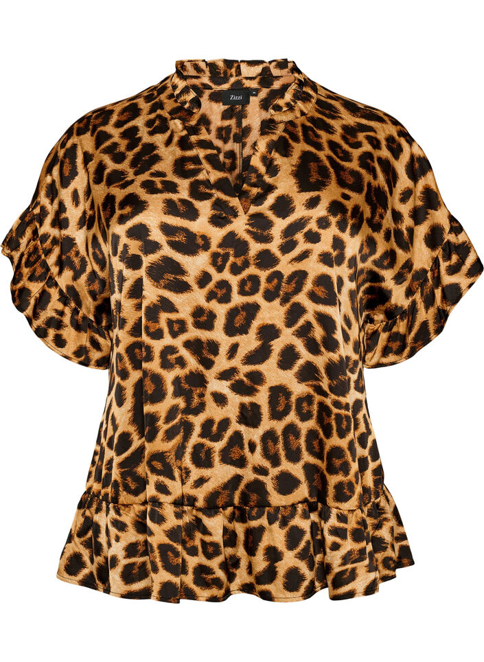 Bluse med leopardtrykk og volangdetaljer, Brun, Packshot image number 0