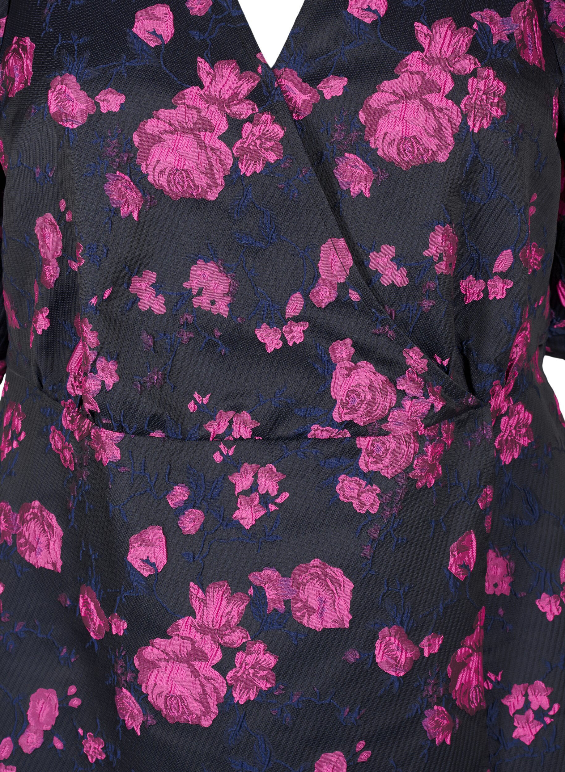 Zizzi Kort jacquard omslagskjole, Black w. Red Rose, Packshot image number 2