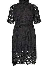 Skjortekjole i broderie anglaise med knytebelte, Svart
