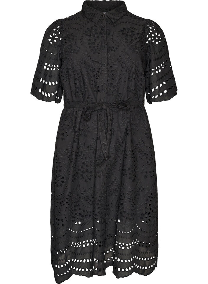 Skjortekjole i broderie anglaise med knytebelte, Svart, Packshot image number 0