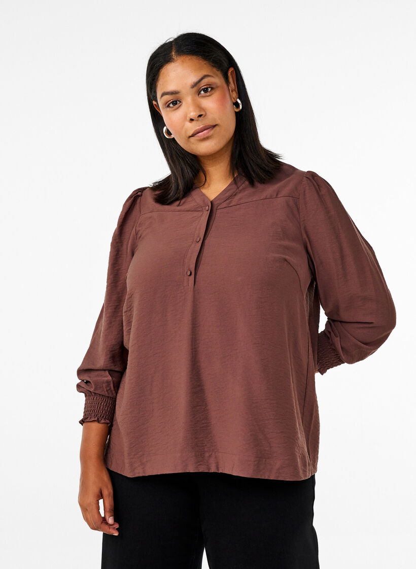 Bluse med volangkrage, Brun, Model image number 0