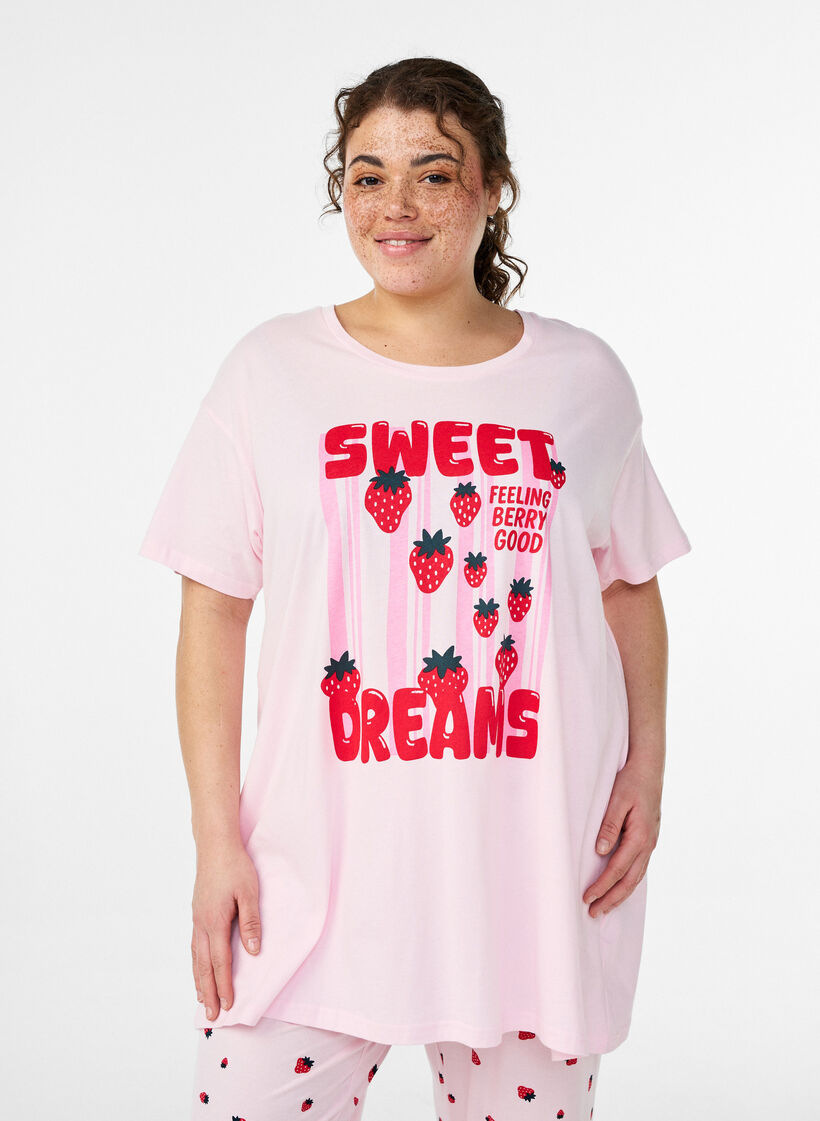 Lang natt-T-skjorte i &oslash;kologisk bomull med trykk, Rosa, Model image number 0