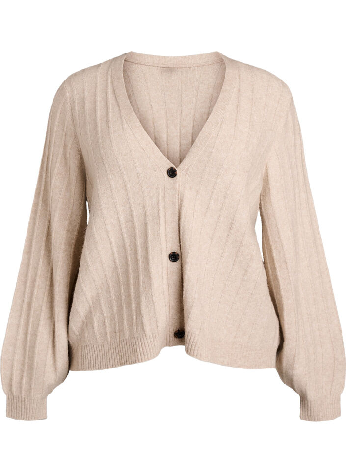 Cardigan med ribbet tekstur og ballongermer, Beige, Packshot image number 0
