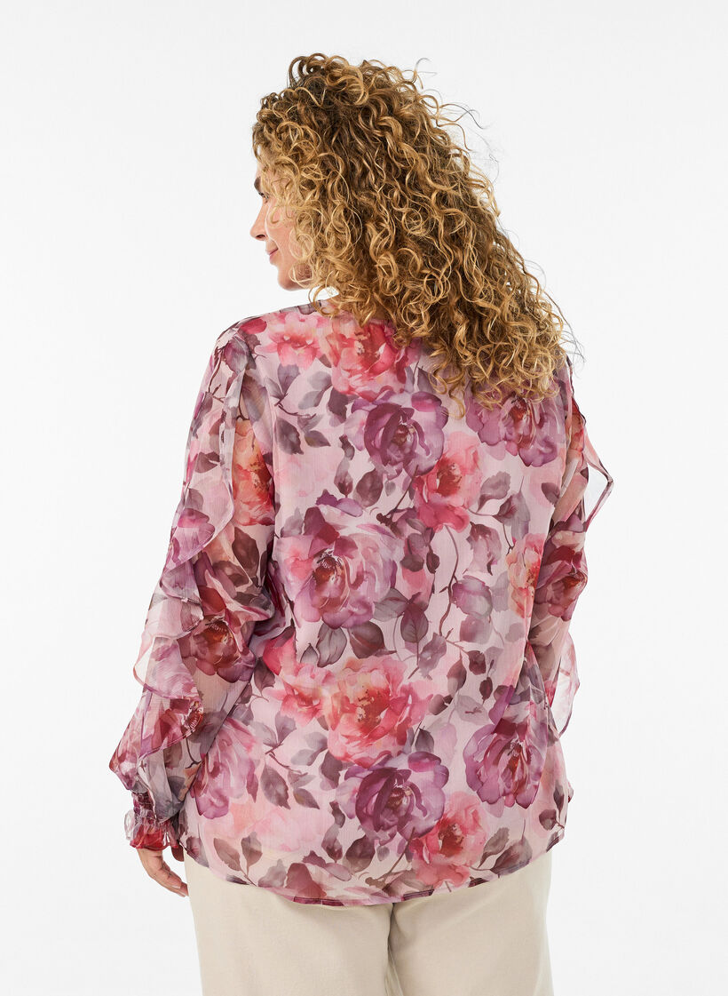 Bluse med blomstertrykk, V-hals og rysjede ermer, Rosa, Model