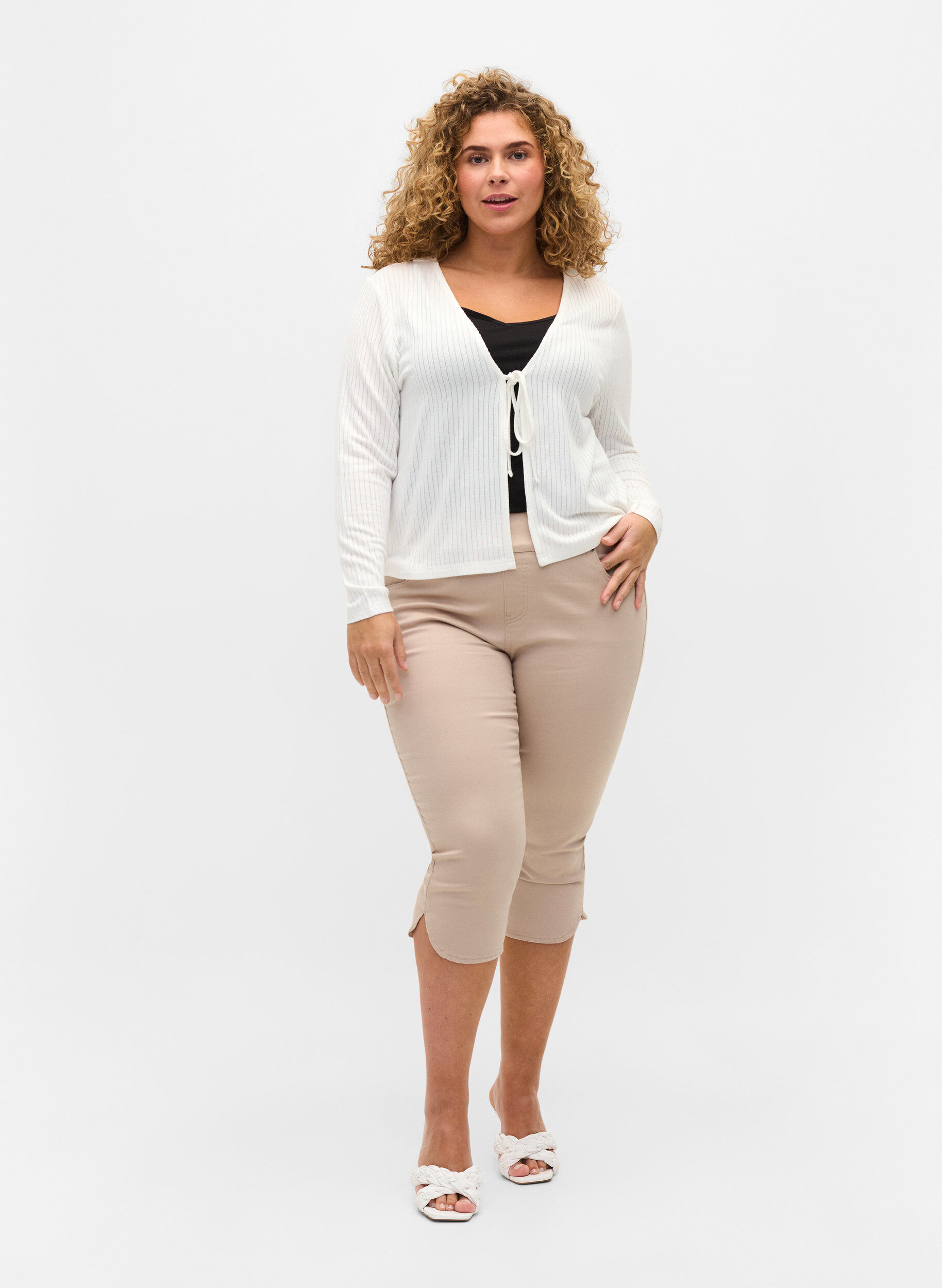Zizzi Ribbet cardigan med knyting, White, Model image number 2
