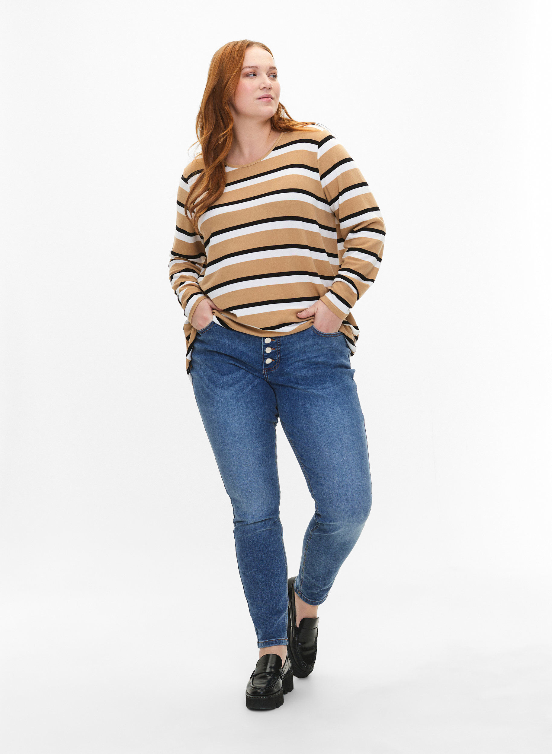 ZizziStripete bluse med lange ermer, Svart, Model image number 1