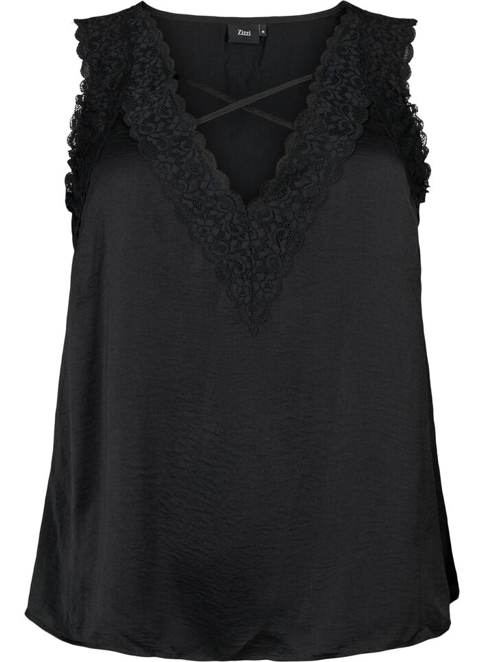 Topp med blonder og kryssdetaljer, Black, Packshot image number 0
