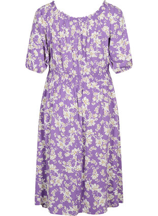 Blomstrete off-shoulder midi kjole i viskose, Purple Flower AOP, Packshot image number 1