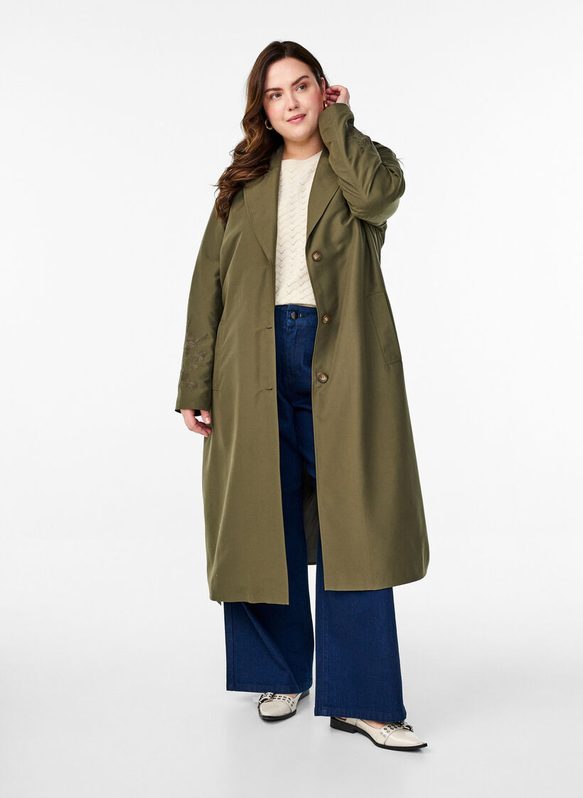 Lang trenchcoat med broderi, Grønn, Model image number 0