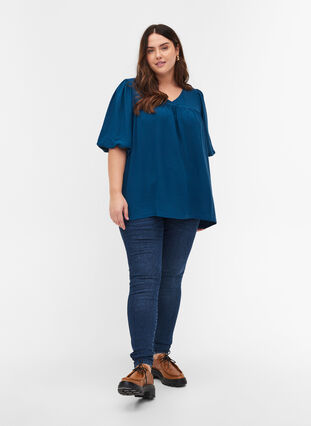 Ensfarget bluse med korte puffermer, Poseidon, Model image number 2