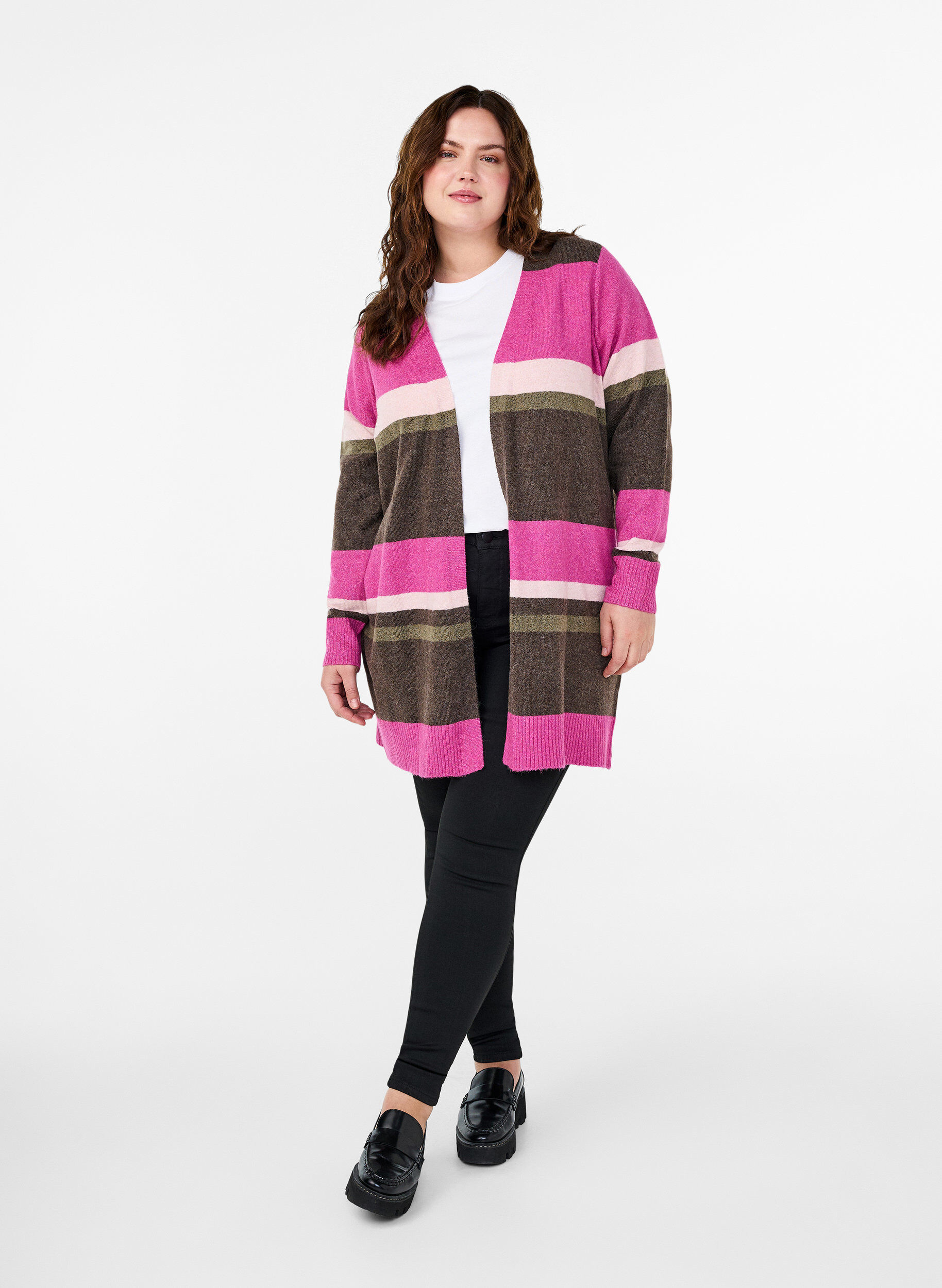 Zizzi Lang strikkecardigan med brede striper, Rosa, Model image number 1