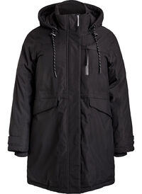 Vannavstøtende parka med hette og funksjonelle detaljer, Svart Vannavstøtende parka med hette og funksjonelle detaljer