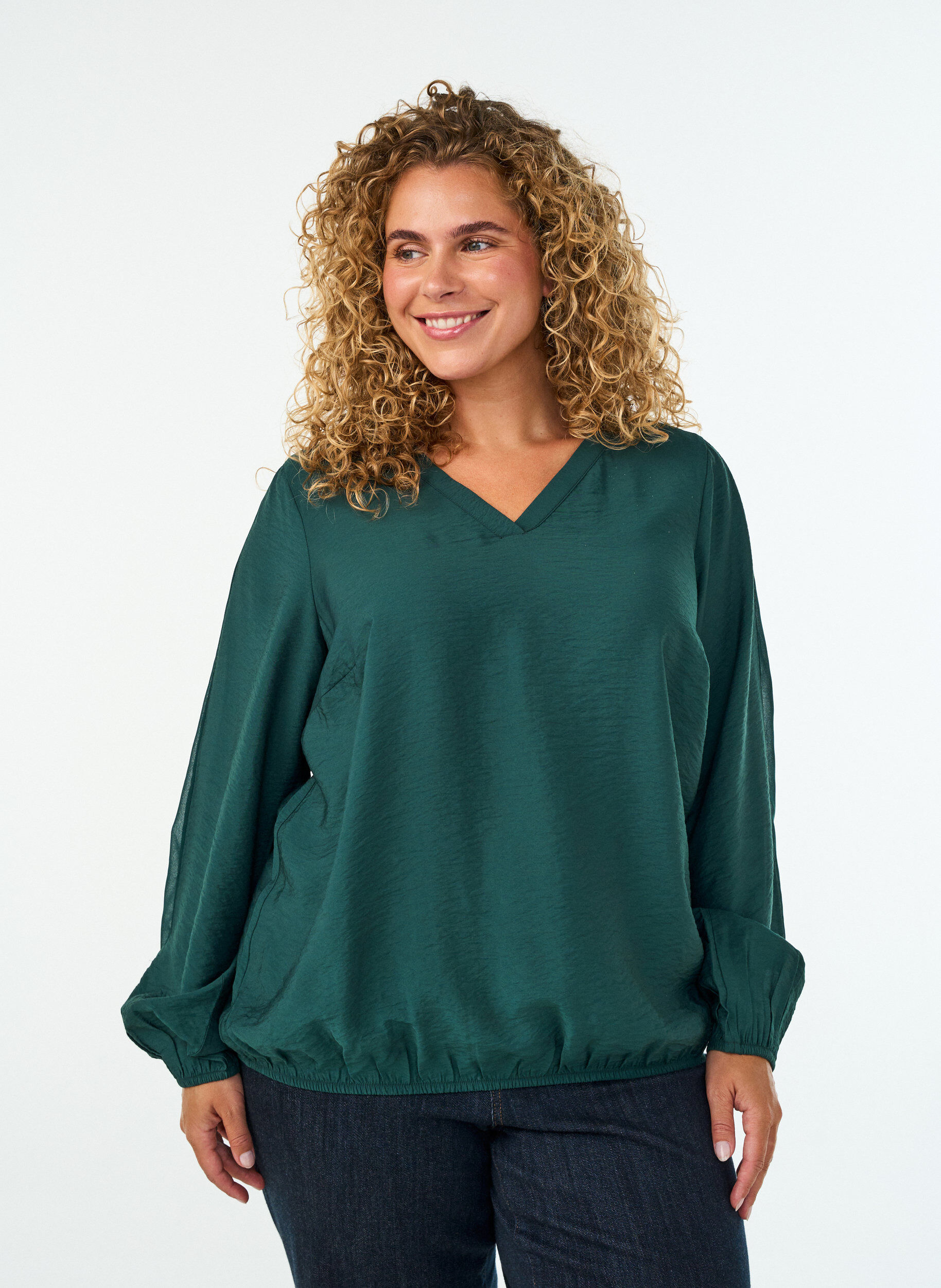 Bluse med ballongeffekt og chiffon-detaljer, Gr&oslash;nn, Model