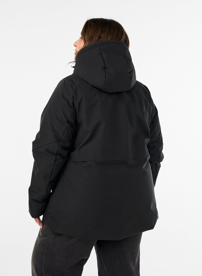 Vinterjakke med hette og justerbar midje, Svart, Model image number 2