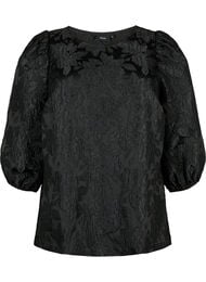 Jacquard-bluse med 3/4-ermer, Black
