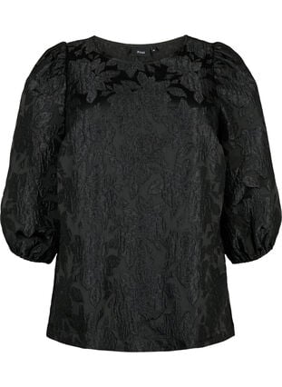Jacquard-bluse med 3/4-ermer, Black, Packshot image number 0