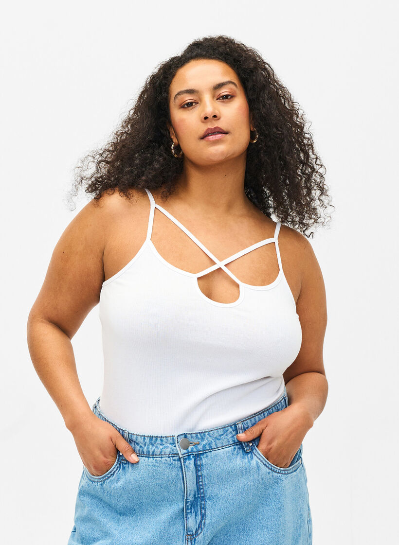 Ribbetopp i økologisk bomull med kryssdetalj, Bright White, Model image number 0