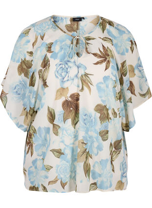 Mønstrete bluse med knyting og korte ermer, Cloud Dancer Flower , Packshot image number 0