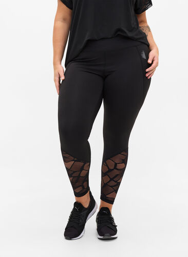 Cropped tights med mønstret mesh, Black, Model image number 3
